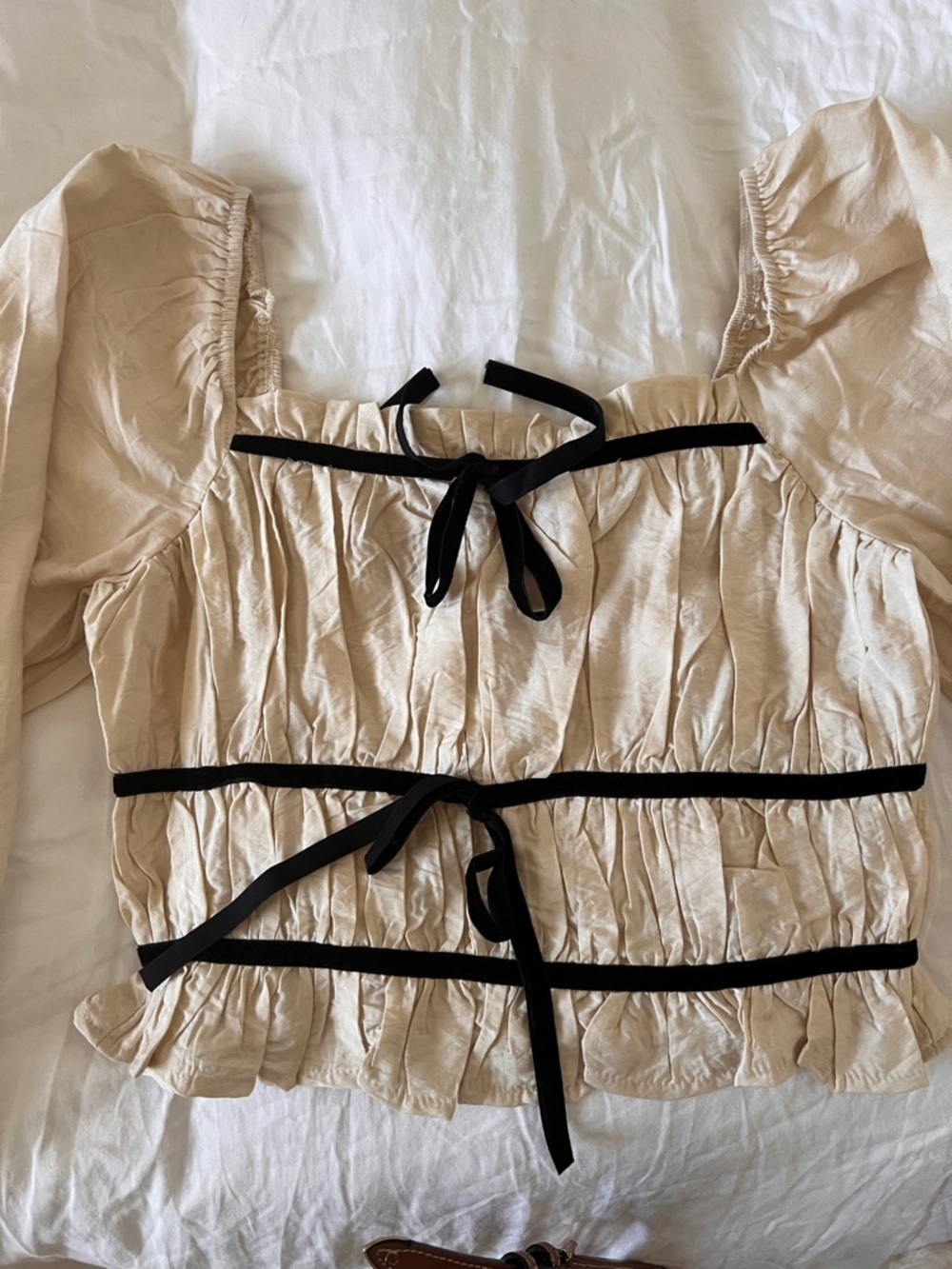 Beige Puff Sleeve Tie-Front Top with Black Trim